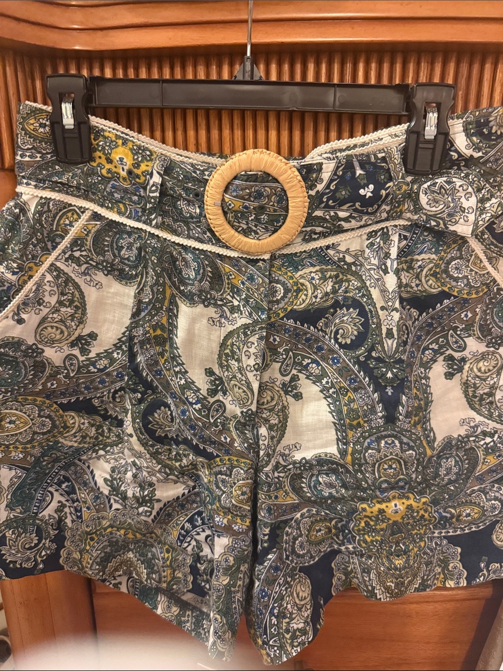 Magaschoni Paisley High-Waist Shorts with Woven Buckle - Navy/Green/Yellow